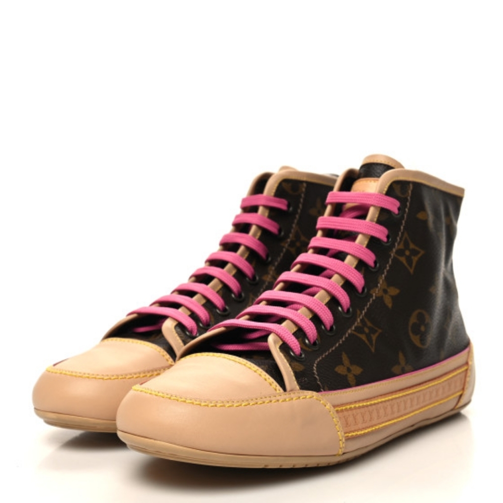 Louis Vuitton 💎 Monogram Canvas Capucine High Top Pink Strap Lace Sneakers 37 7
